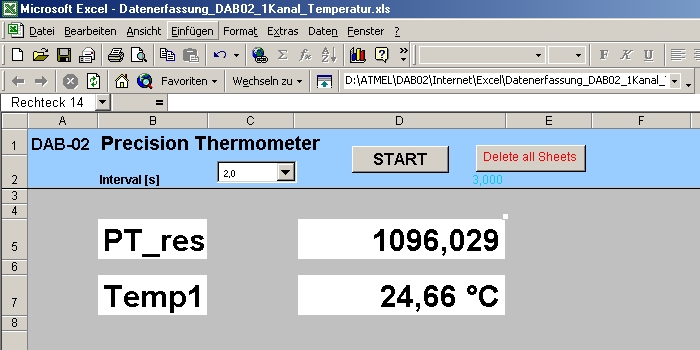 Meranie teploty ovladane priamo z Excelu